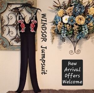 Windsor Black Jumpsuit with Red and Pink Floral Embroidery. Size Small